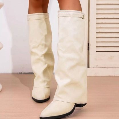 Stylish Wide Calf Boots for Women with Knee High Fold Over Pointy Toe Block Heel Style