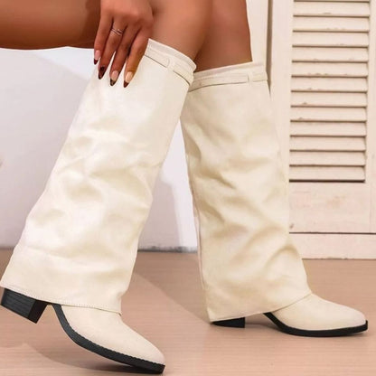 Stylish Wide Calf Boots for Women with Knee High Fold Over Pointy Toe Block Heel Style