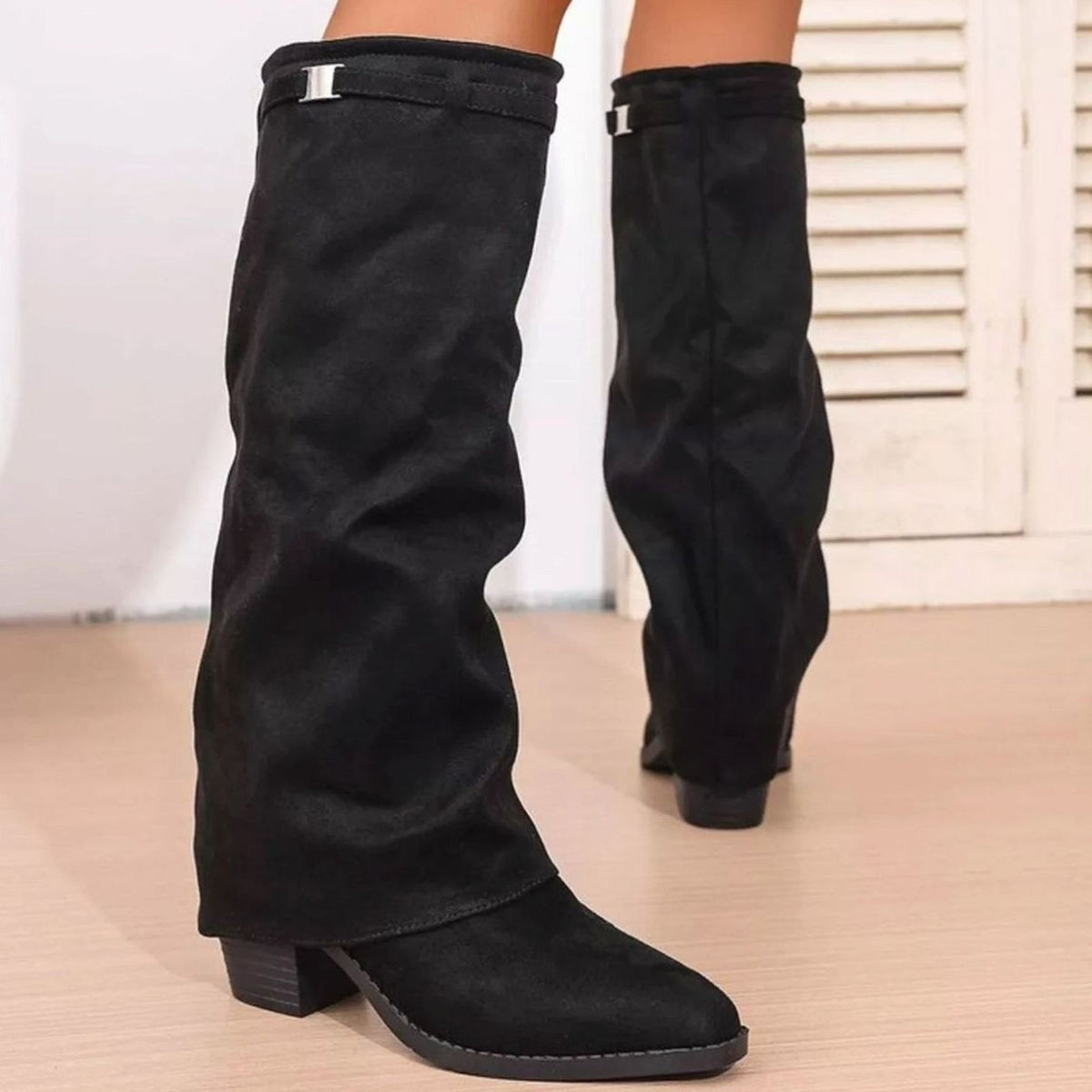 Stylish Wide Calf Boots for Women with Knee High Fold Over Pointy Toe Block Heel Style