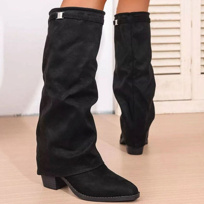 Stylish Wide Calf Boots for Women with Knee High Fold Over Pointy Toe Block Heel Style