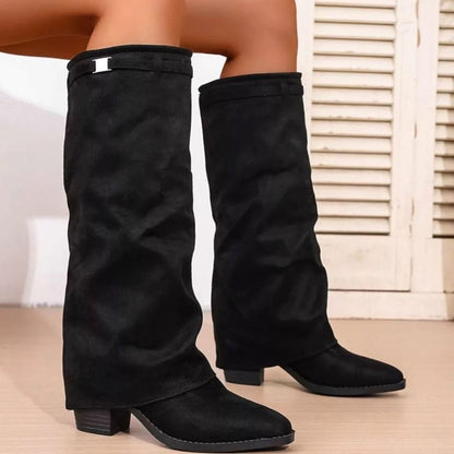 Stylish Wide Calf Boots for Women with Knee High Fold Over Pointy Toe Block Heel Style