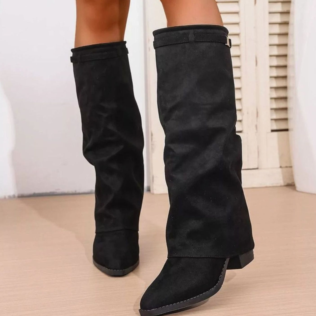 Stylish Wide Calf Boots for Women with Knee High Fold Over Pointy Toe Block Heel Style