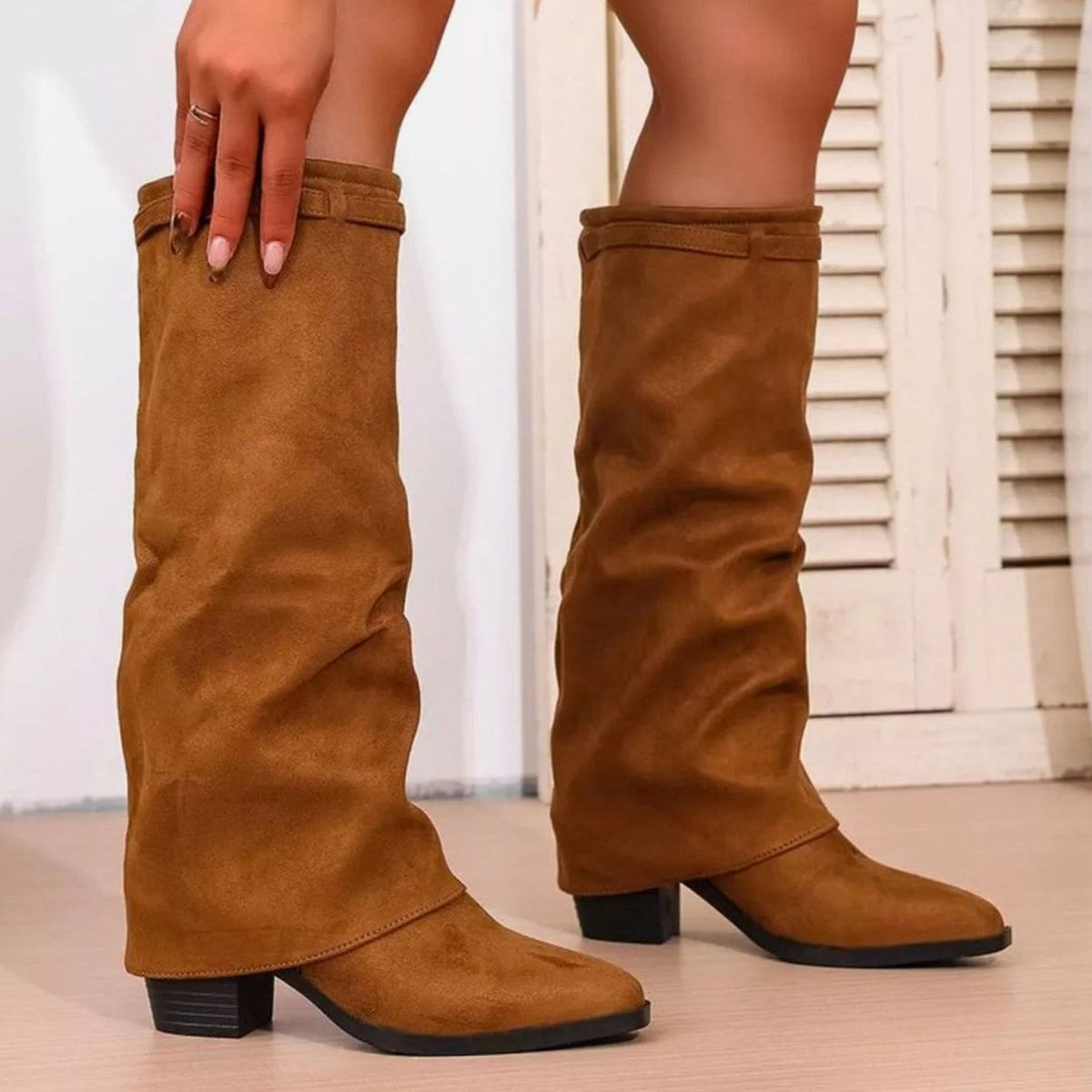 Stylish Wide Calf Boots for Women with Knee High Fold Over Pointy Toe Block Heel Style