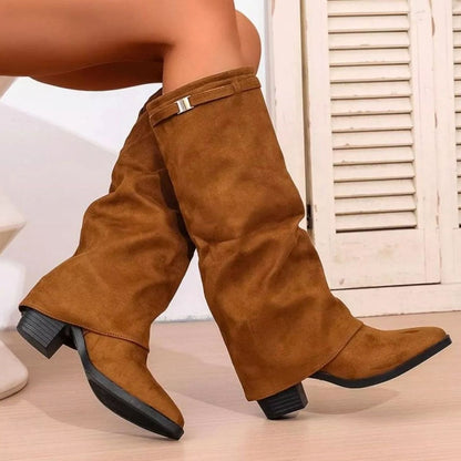 Stylish Wide Calf Boots for Women with Knee High Fold Over Pointy Toe Block Heel Style