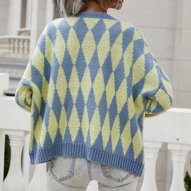 Cozy Knit Cardigan for Women with Round Neck Long Sleeve Diamond Pattern Button Front Style