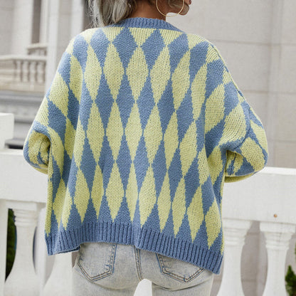 Cozy Knit Cardigan for Women with Round Neck Long Sleeve Diamond Pattern Button Front Style