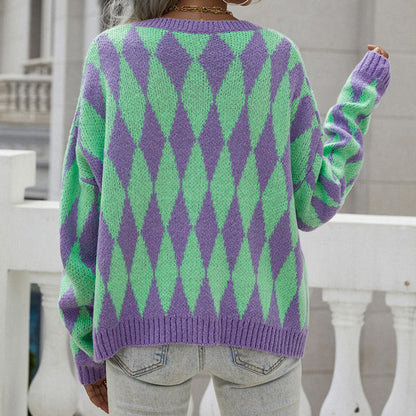 Cozy Knit Cardigan for Women with Round Neck Long Sleeve Diamond Pattern Button Front Style