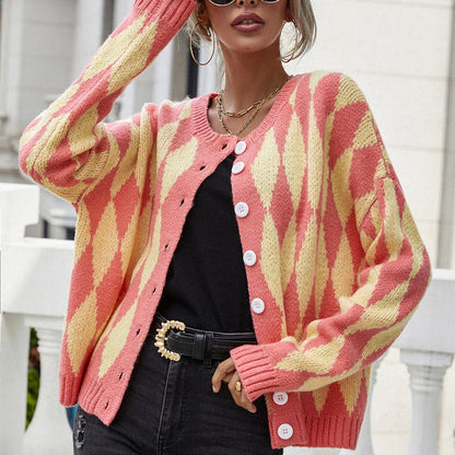 Cozy Knit Cardigan for Women with Round Neck Long Sleeve Diamond Pattern Button Front Style