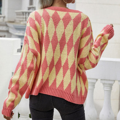 Cozy Knit Cardigan for Women with Round Neck Long Sleeve Diamond Pattern Button Front Style