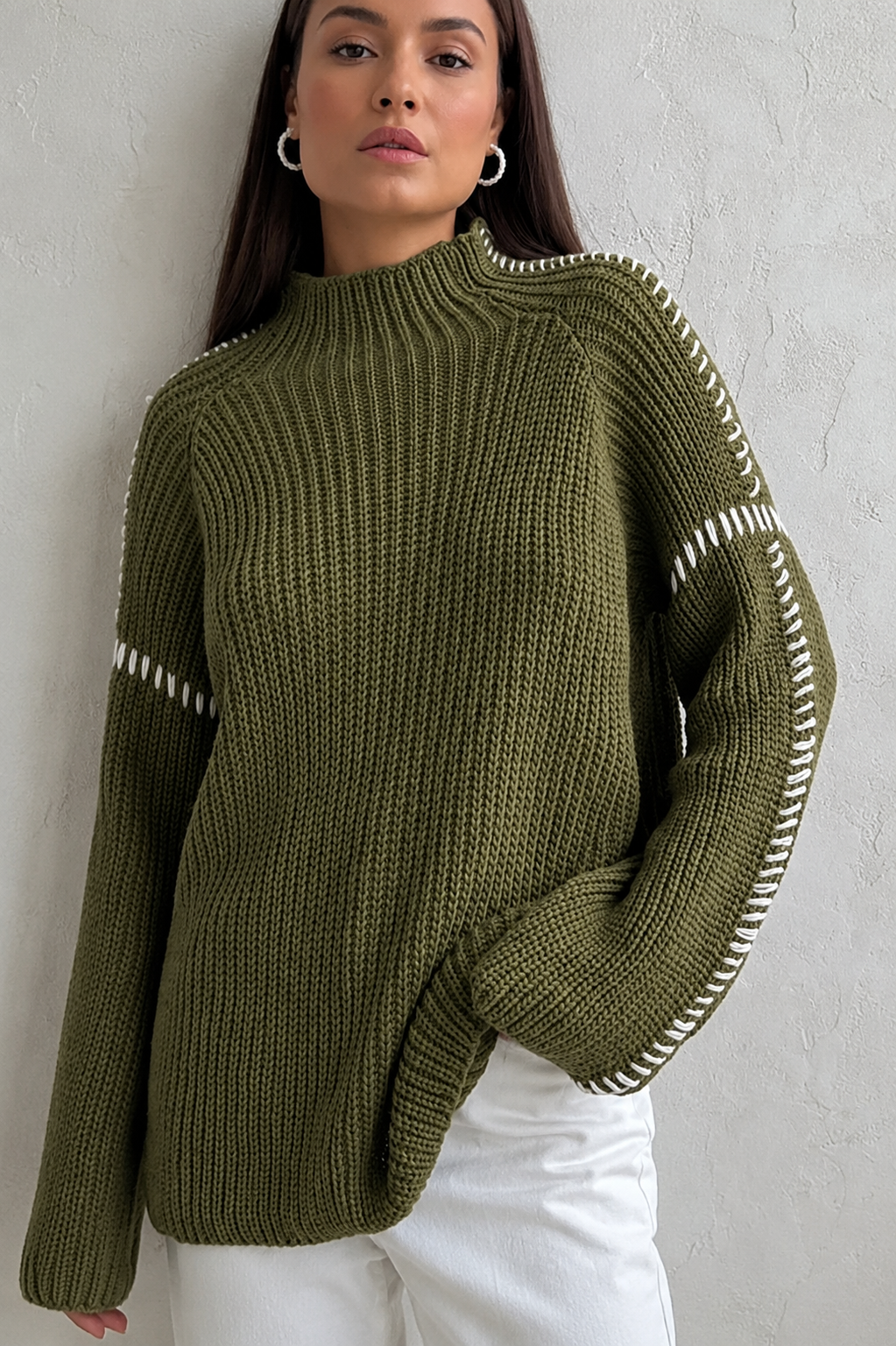 Comfortable Chunky Knit Sweater for Women with Mock Neck Long Sleeve Whipstitch Oversized Style