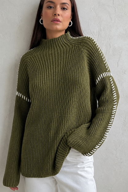 Comfortable Chunky Knit Sweater for Women with Mock Neck Long Sleeve Whipstitch Oversized Style