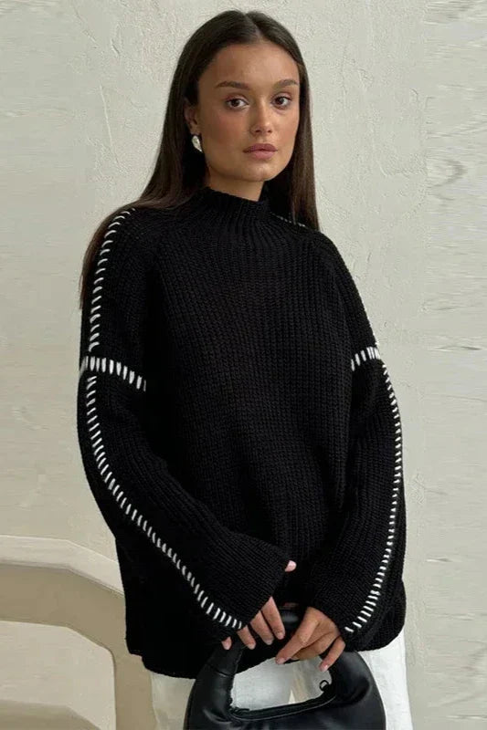 Comfortable Chunky Knit Sweater for Women with Mock Neck Long Sleeve Whipstitch Oversized Style