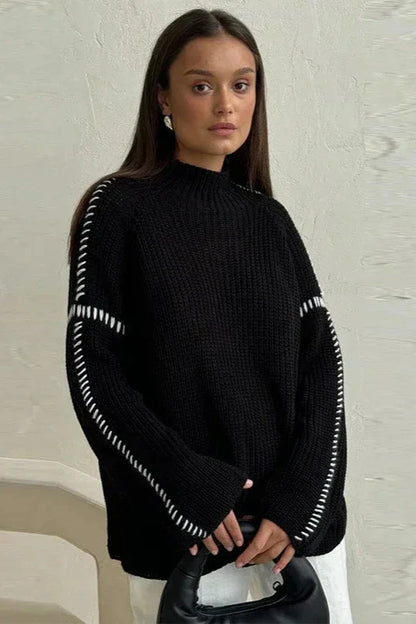 Comfortable Chunky Knit Sweater for Women with Mock Neck Long Sleeve Whipstitch Oversized Style