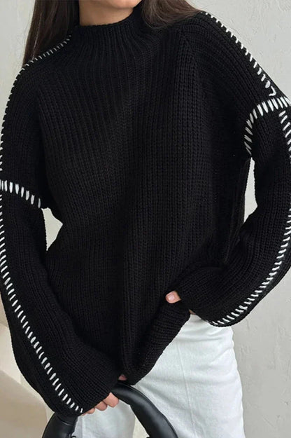 Comfortable Chunky Knit Sweater for Women with Mock Neck Long Sleeve Whipstitch Oversized Style