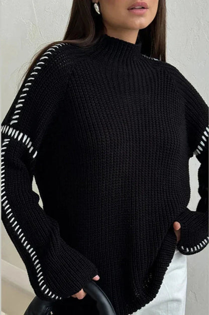 Comfortable Chunky Knit Sweater for Women with Mock Neck Long Sleeve Whipstitch Oversized Style