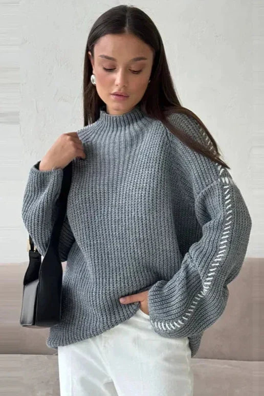 Comfortable Chunky Knit Sweater for Women with Mock Neck Long Sleeve Whipstitch Oversized Style