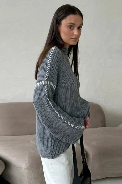 Comfortable Chunky Knit Sweater for Women with Mock Neck Long Sleeve Whipstitch Oversized Style