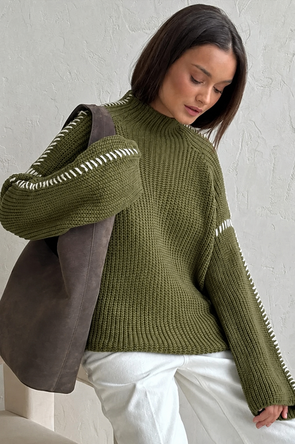 Comfortable Chunky Knit Sweater for Women with Mock Neck Long Sleeve Whipstitch Oversized Style