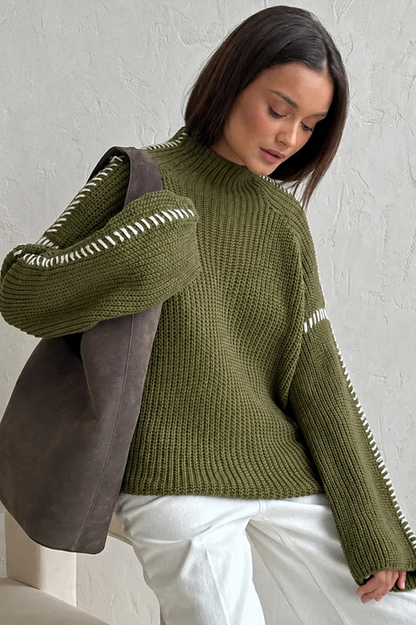 Comfortable Chunky Knit Sweater for Women with Mock Neck Long Sleeve Whipstitch Oversized Style