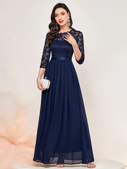 Elegant Royal Blue Dress for Women with Scalloped Lace Long Sleeve Pleated Maxi Formal Wedding Guest Style