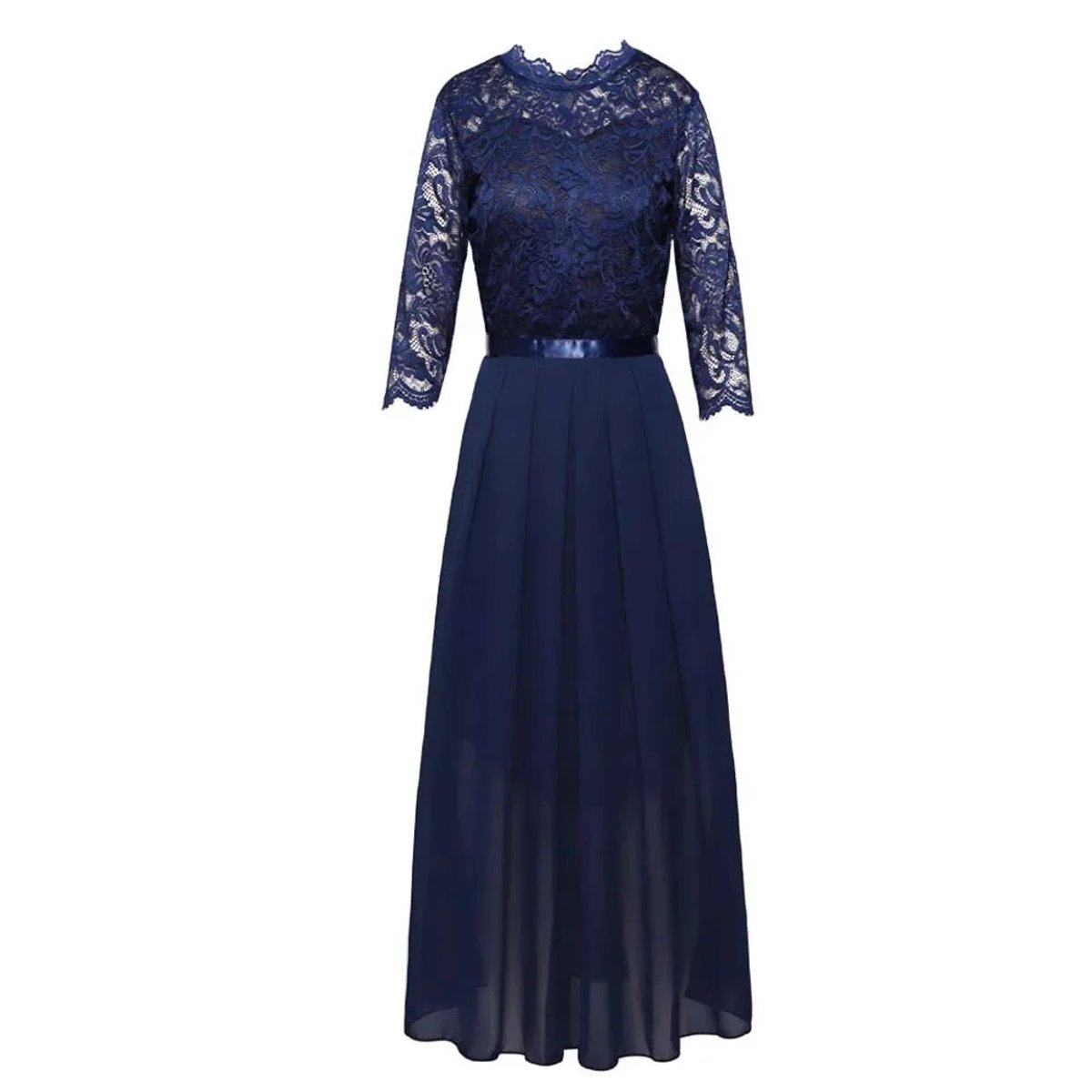 Elegant Royal Blue Dress for Women with Scalloped Lace Long Sleeve Pleated Maxi Formal Wedding Guest Style
