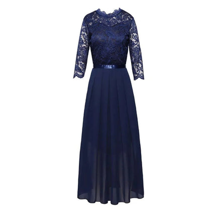 Elegant Royal Blue Dress for Women with Scalloped Lace Long Sleeve Pleated Maxi Formal Wedding Guest Style