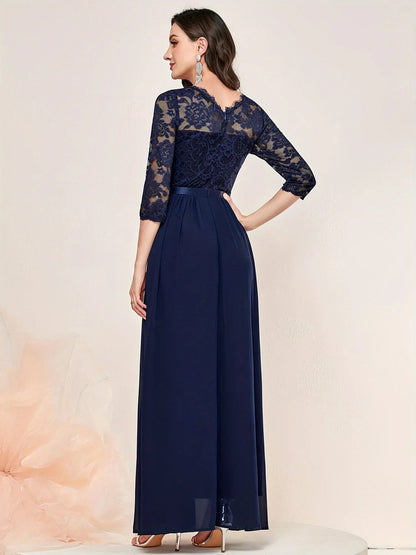 Elegant Royal Blue Dress for Women with Scalloped Lace Long Sleeve Pleated Maxi Formal Wedding Guest Style