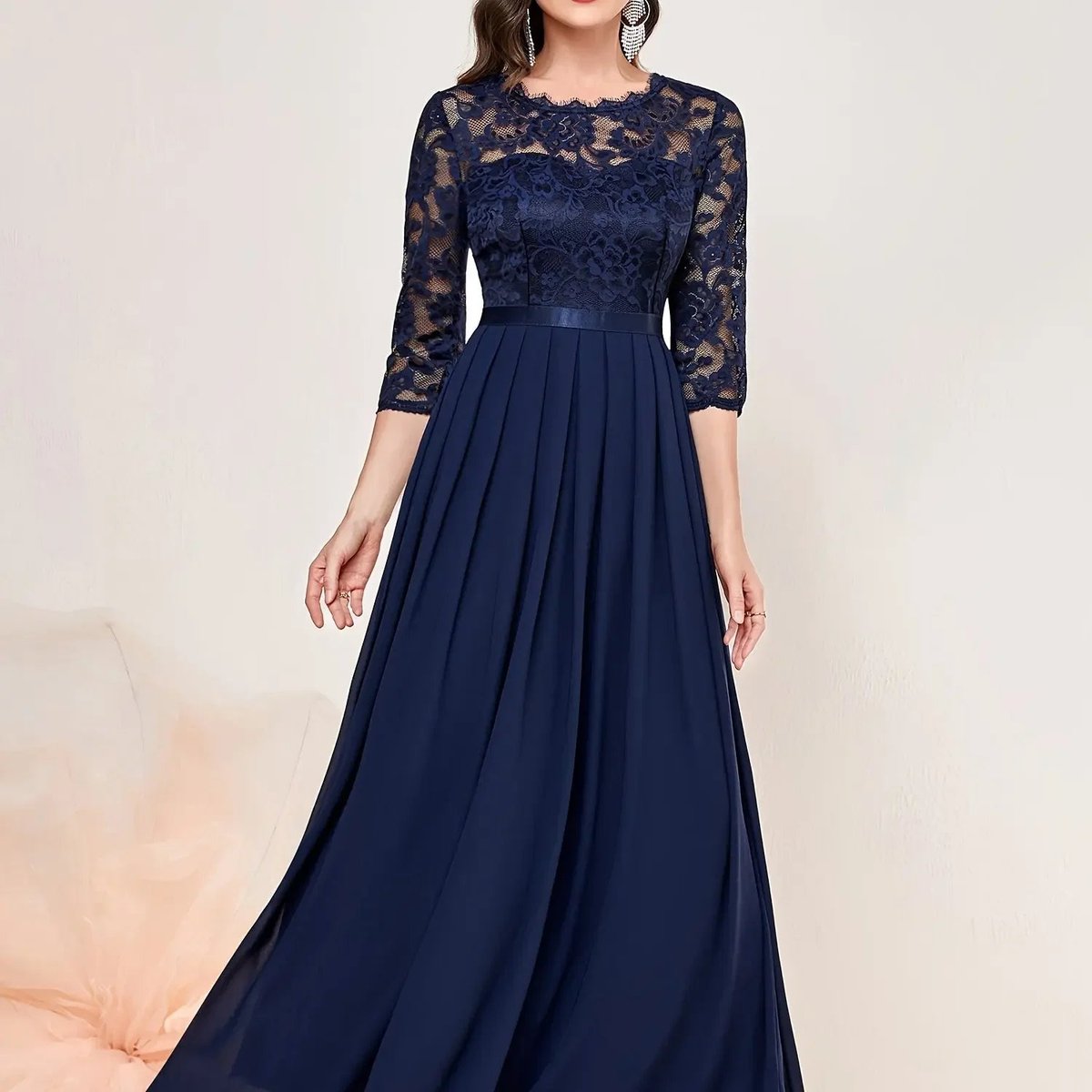 Elegant Royal Blue Dress for Women with Scalloped Lace Long Sleeve Pleated Maxi Formal Wedding Guest Style