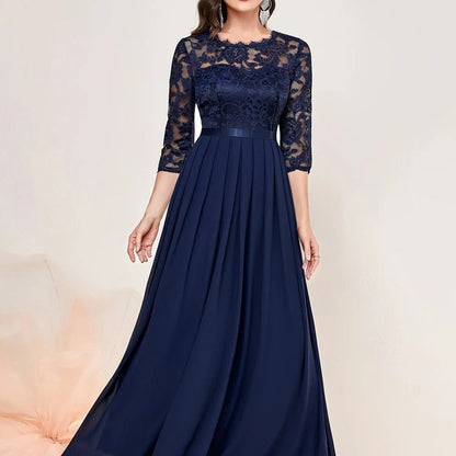 Elegant Royal Blue Dress for Women with Scalloped Lace Long Sleeve Pleated Maxi Formal Wedding Guest Style