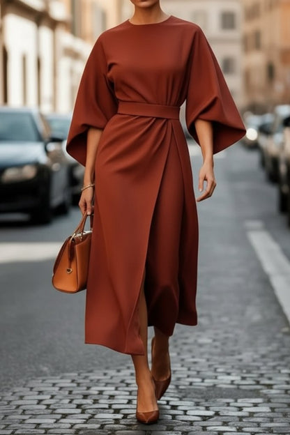 Elegant Midi Dress for Women with Lantern Sleeves Waist Cinching Cocktail Style