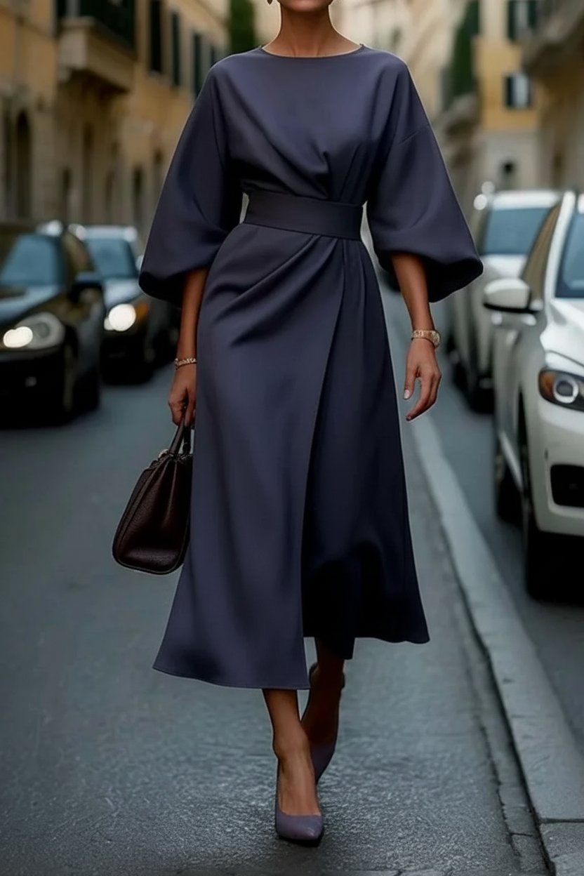 Elegant Midi Dress for Women with Lantern Sleeves Waist Cinching Cocktail Style
