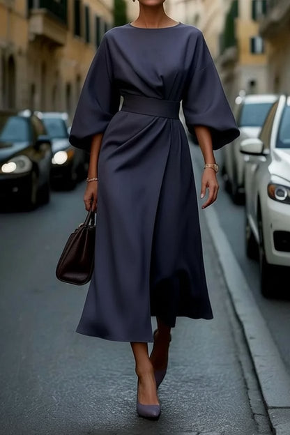 Elegant Midi Dress for Women with Lantern Sleeves Waist Cinching Cocktail Style