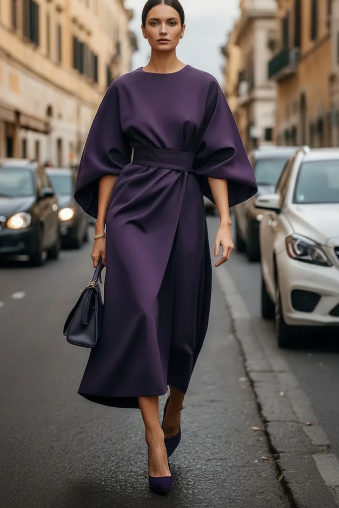 Elegant Midi Dress for Women with Lantern Sleeves Waist Cinching Cocktail Style