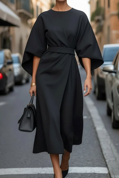 Elegant Midi Dress for Women with Lantern Sleeves Waist Cinching Cocktail Style