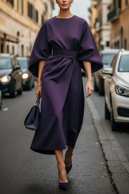 Elegant Midi Dress for Women with Lantern Sleeves Waist Cinching Cocktail Style