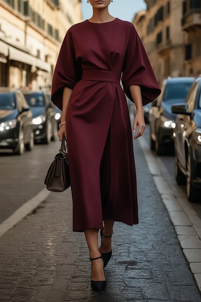 Elegant Midi Dress for Women with Lantern Sleeves Waist Cinching Cocktail Style