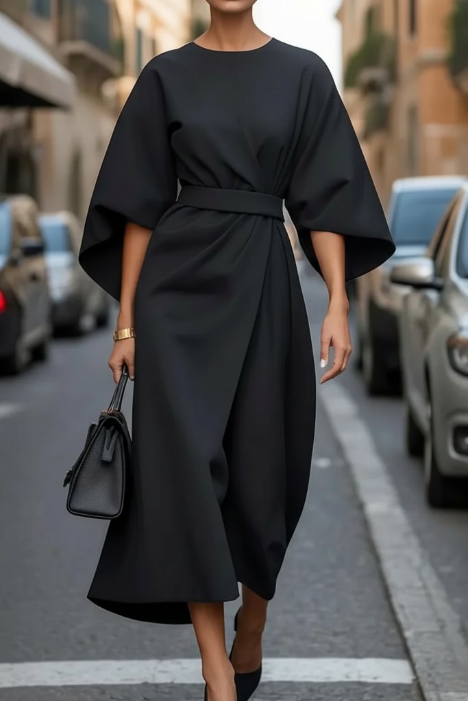 Elegant Midi Dress for Women with Lantern Sleeves Waist Cinching Cocktail Style