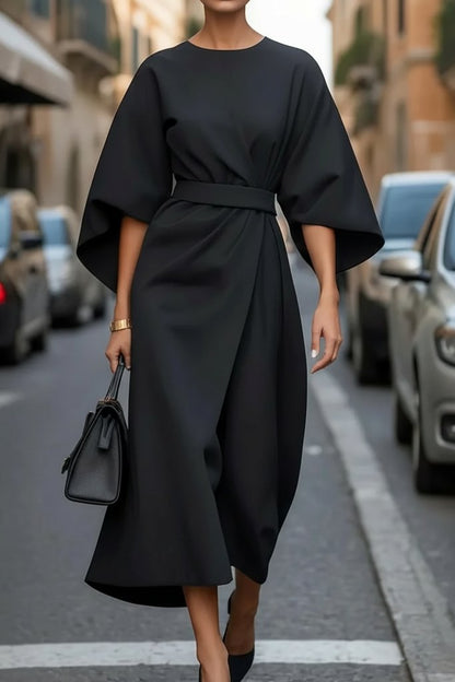 Elegant Midi Dress for Women with Lantern Sleeves Waist Cinching Cocktail Style