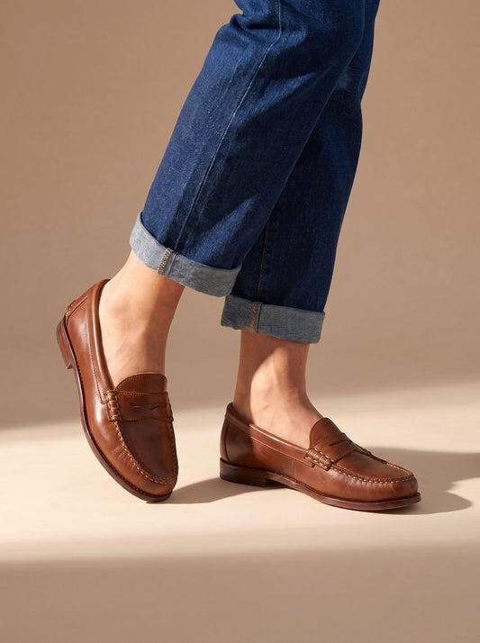 Classic Leather Penny Loafers for Women with Moccasin Stitch Slip-On Round Toe Low Heel Style