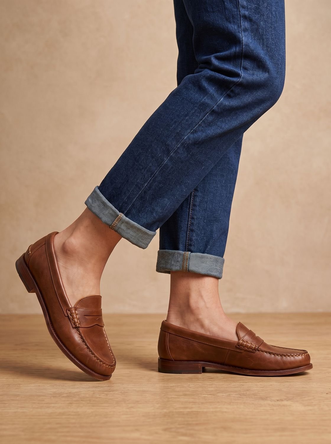 Classic Leather Penny Loafers for Women with Moccasin Stitch Slip-On Round Toe Low Heel Style