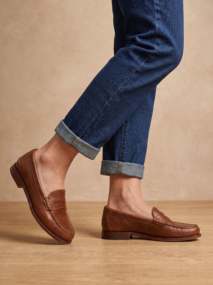 Classic Leather Penny Loafers for Women with Moccasin Stitch Slip-On Round Toe Low Heel Style
