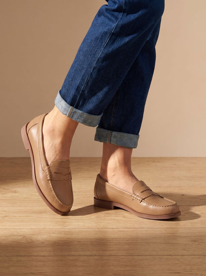 Classic Leather Penny Loafers for Women with Moccasin Stitch Slip-On Round Toe Low Heel Style