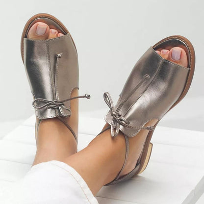 Elegant Champagne Sandals for Women with Leather Strap Adjustable Bow Tie Open Toe Style