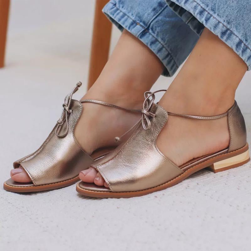Elegant Champagne Sandals for Women with Leather Strap Adjustable Bow Tie Open Toe Style