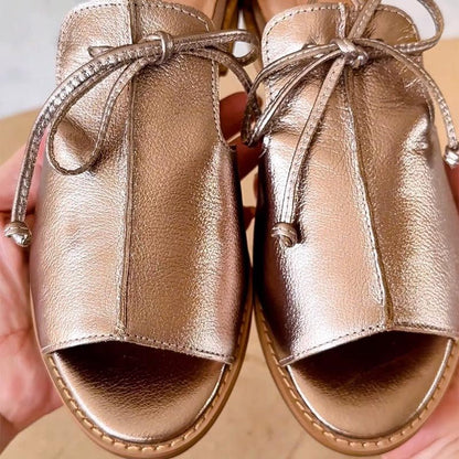 Elegant Champagne Sandals for Women with Leather Strap Adjustable Bow Tie Open Toe Style
