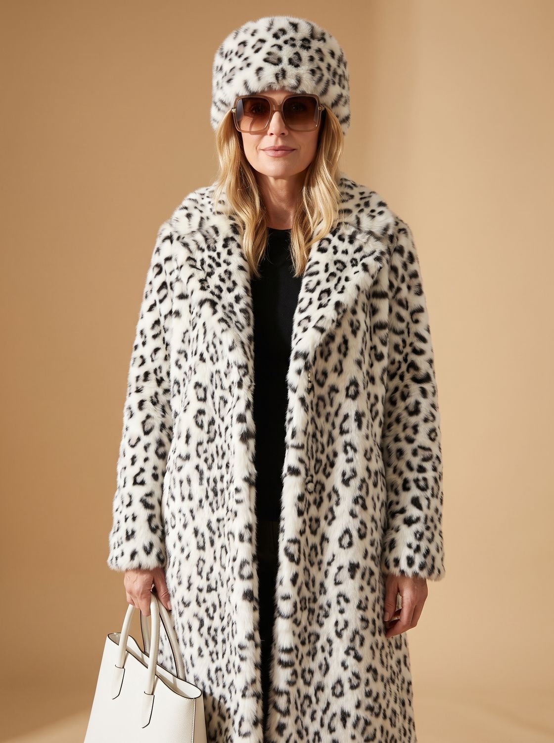 Cozy Leopard Faux Fur Coat for Women with Hooded Collar Long Sleeve Belted Maxi Winter Style