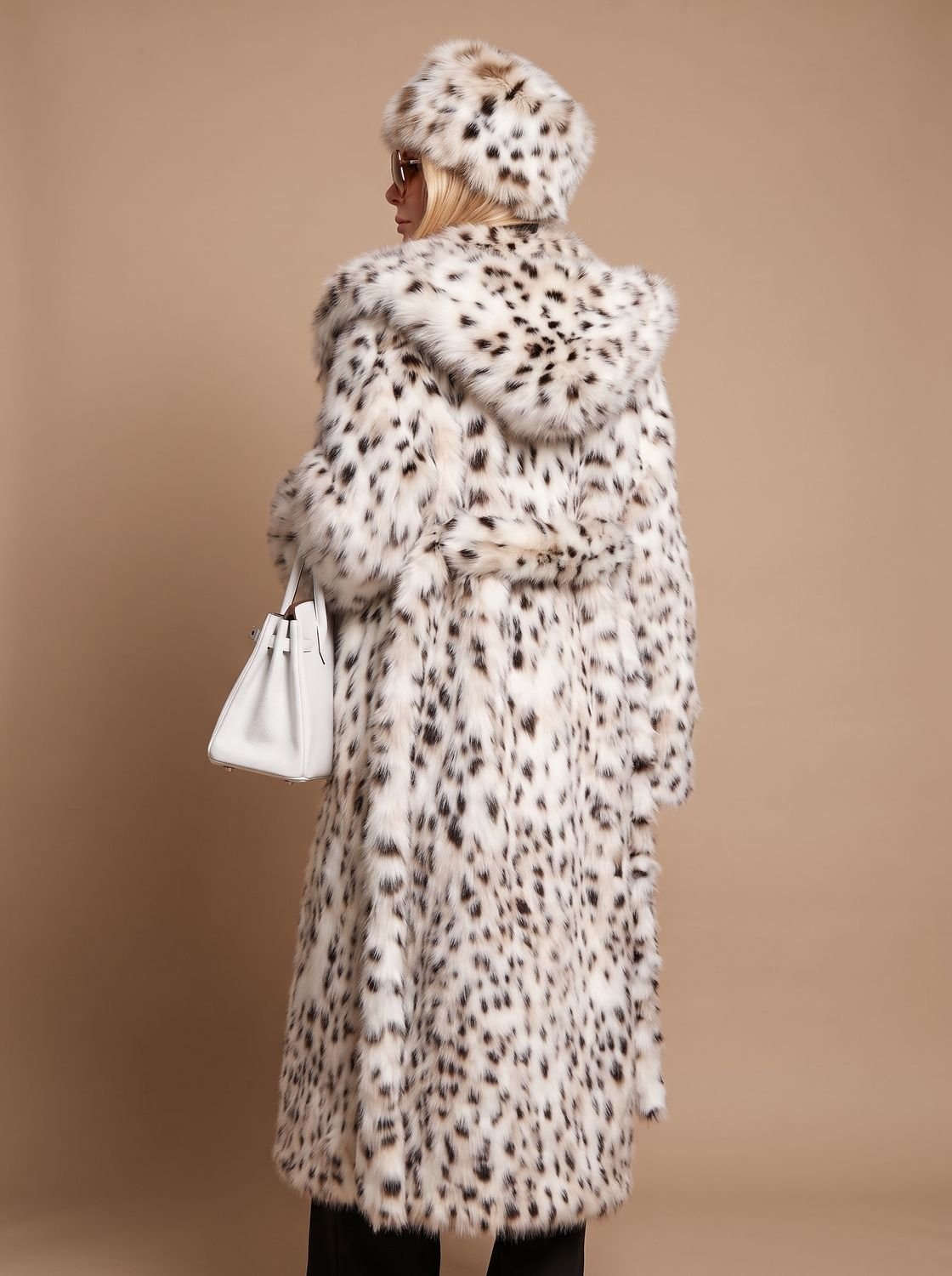 Cozy Leopard Faux Fur Coat for Women with Hooded Collar Long Sleeve Belted Maxi Winter Style