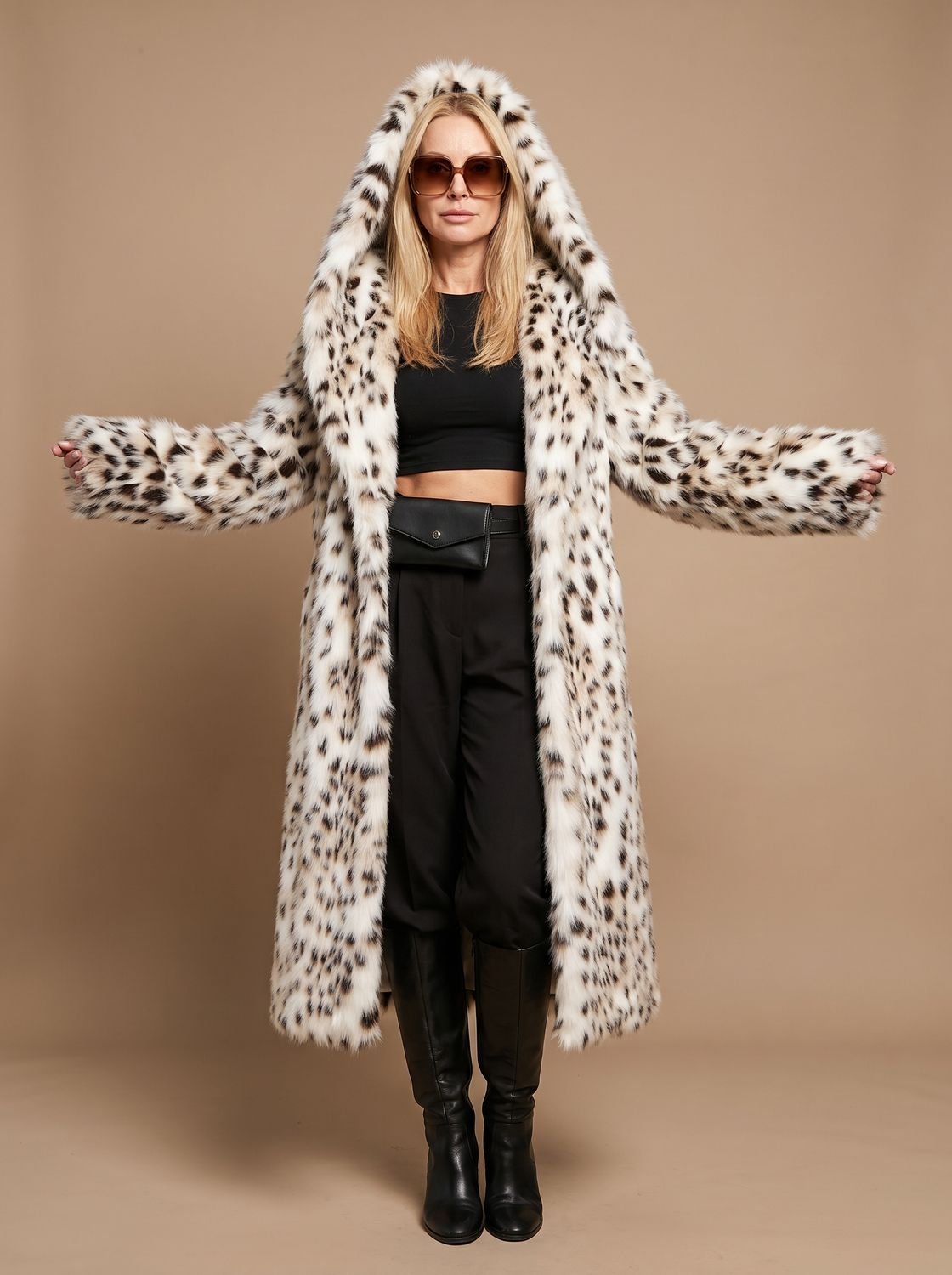 Cozy Leopard Faux Fur Coat for Women with Hooded Collar Long Sleeve Belted Maxi Winter Style