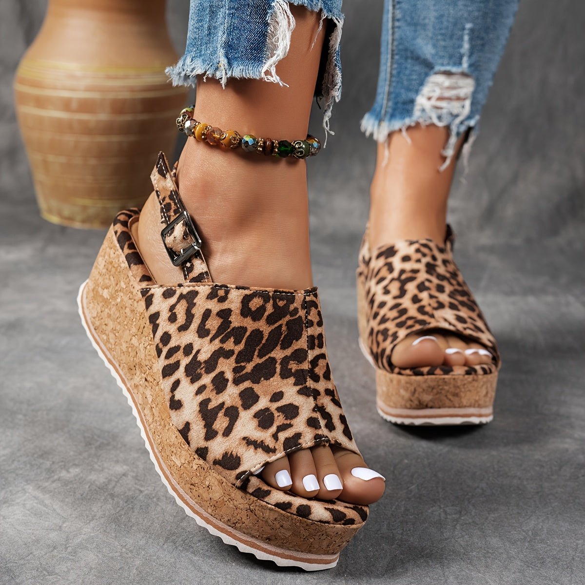 Comfortable Platform Sandals for Women with Leopard Print Buckle Strap Wedge Style