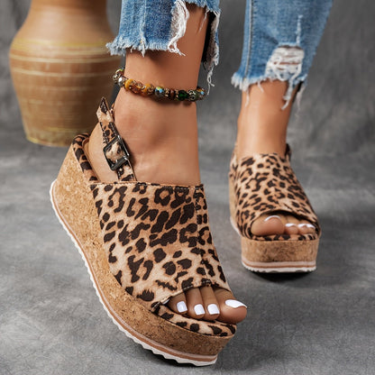 Comfortable Platform Sandals for Women with Leopard Print Buckle Strap Wedge Style